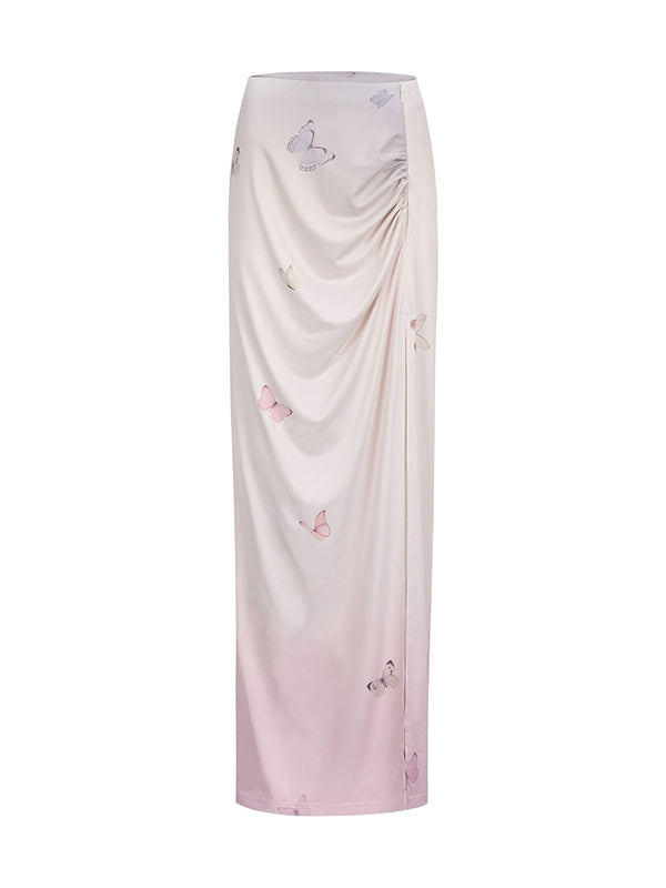 グラデーションバタフライレトロドレープエレガントシャツ&ロングスカート