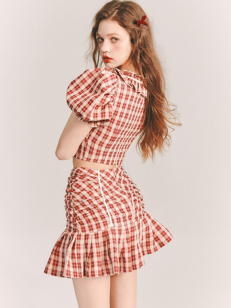 Checked Girly Puff-Sleeve Cute Blouse&Mini-Skirt