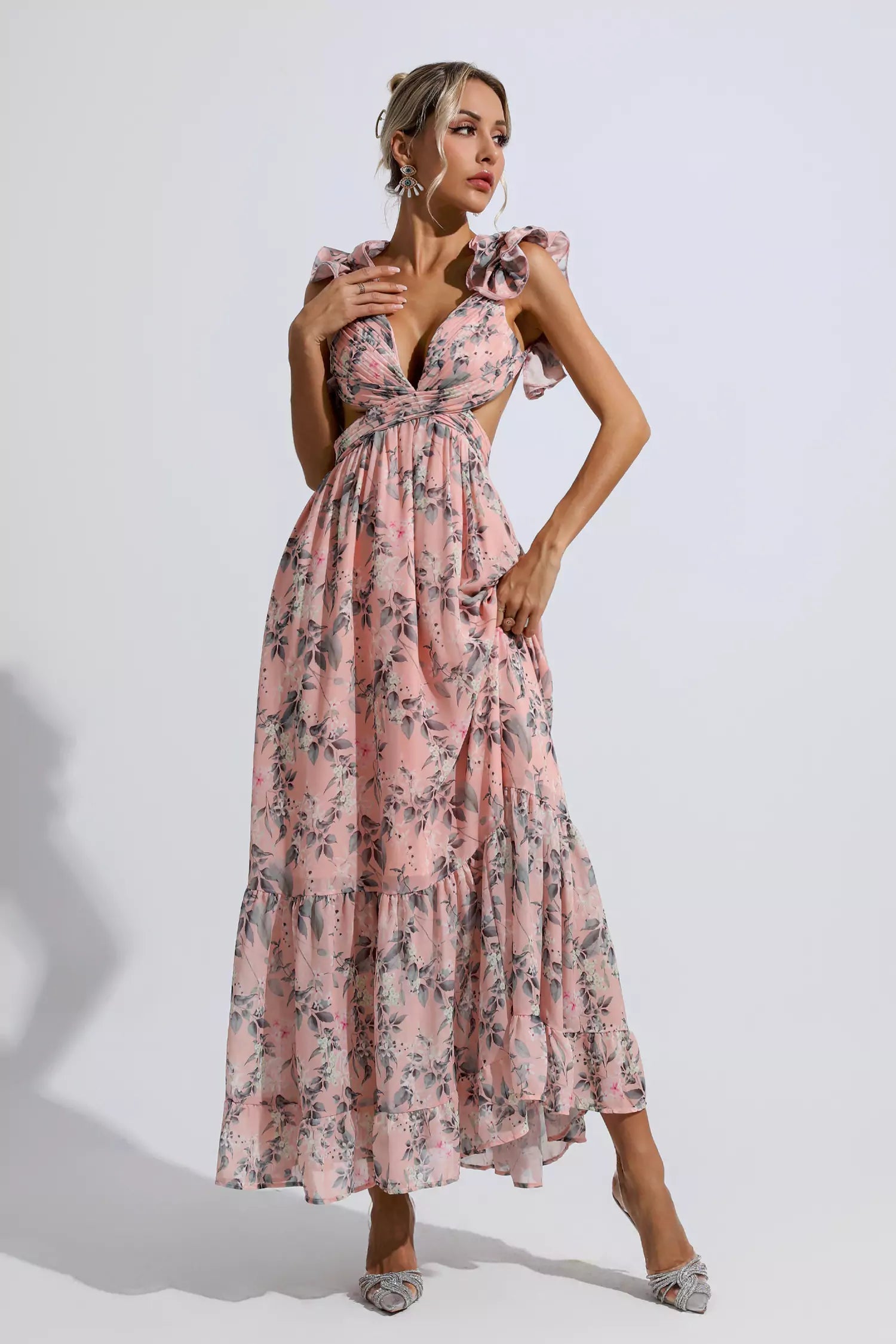 knee length dresses for ladies Jolene Pink Floral Backless Maxi Dress – FancyAdd