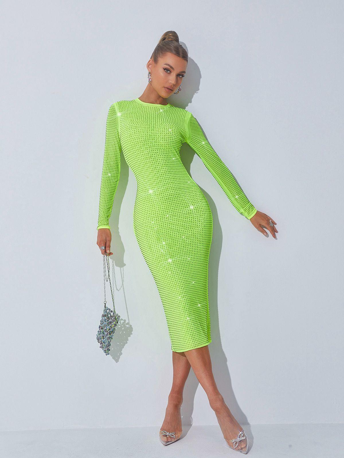midi neon green dress Neon Dress With White Heels Neon Green Halterneck Grace Bandage Midi Dress Womens Bodycon Dress