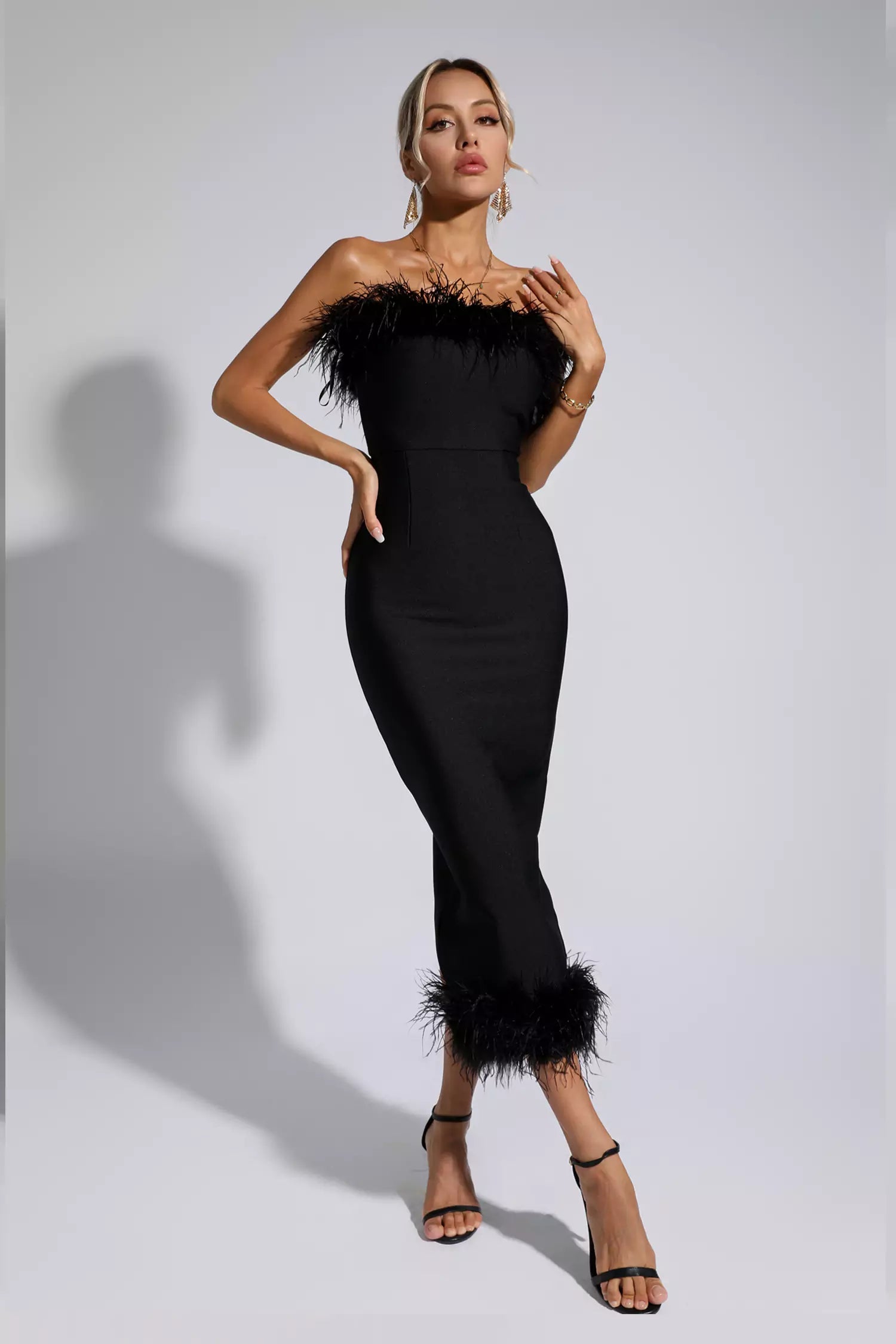 Noelle Black Feather Off-Shoulder Maxi Dress FancyAdd Noelle Black Feather Off-Shoulder Maxi Dress FancyAdd