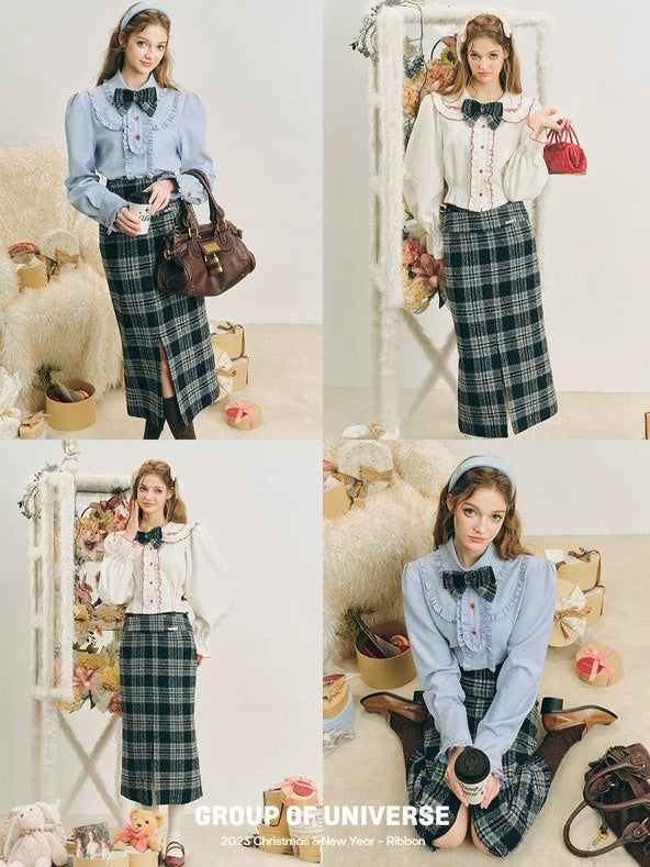 Checked I-Line Slit Mid-Length Skirt & Ribbon