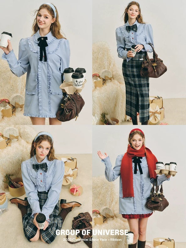 프레피 프릴 레이스 셔츠