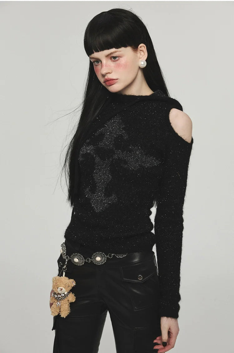 Mohair Off-Shoulder Knit Hoodie