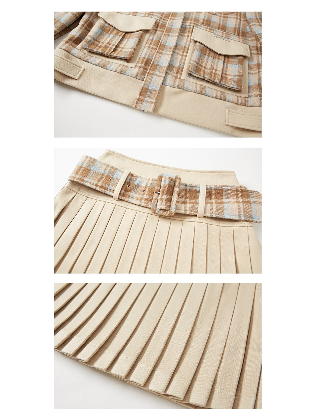 Plaid Round Collar Short Jacket & Mini Pleated Skirt