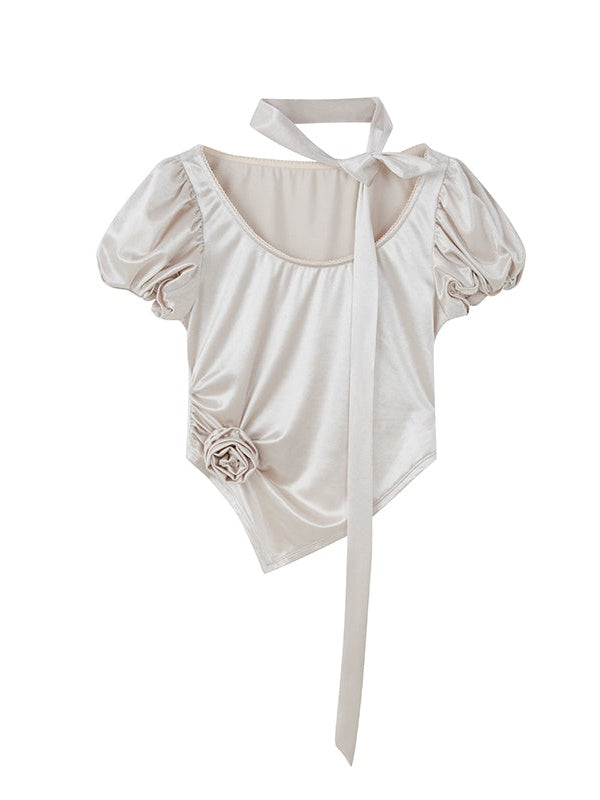 링클 버드 슬리브 반소매 새틴 탑