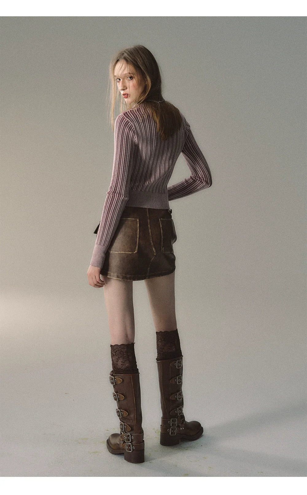 Mocha & Red Zipper Striped Turtleneck