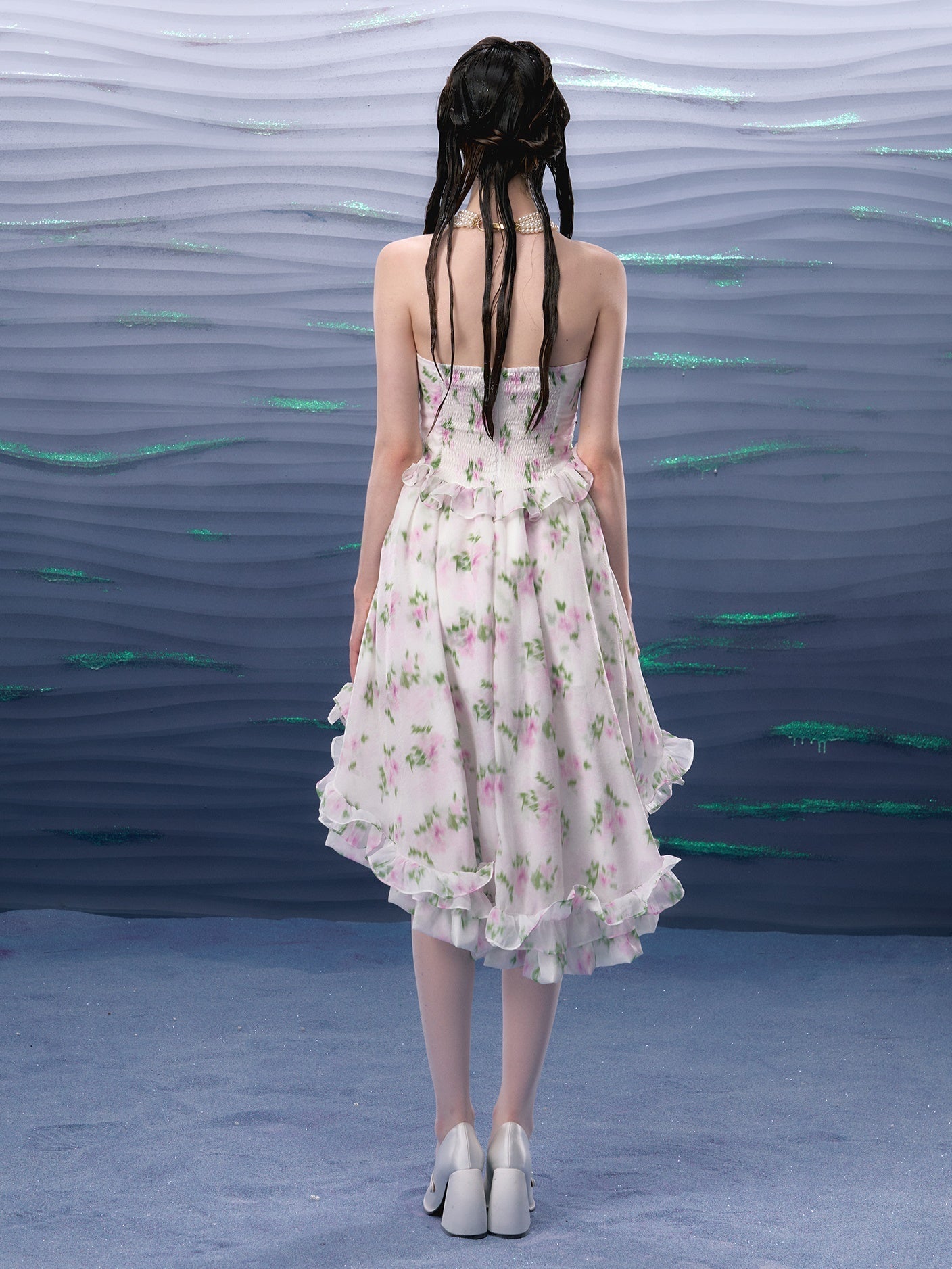 플라워 보우 베어 탑 프릴 피쉬테일 드레스