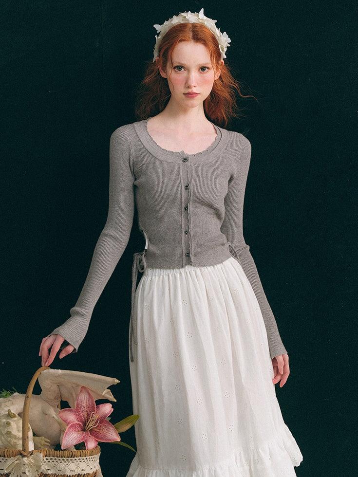 할로우 웨이스트 U넥 크롭 니트 가디건