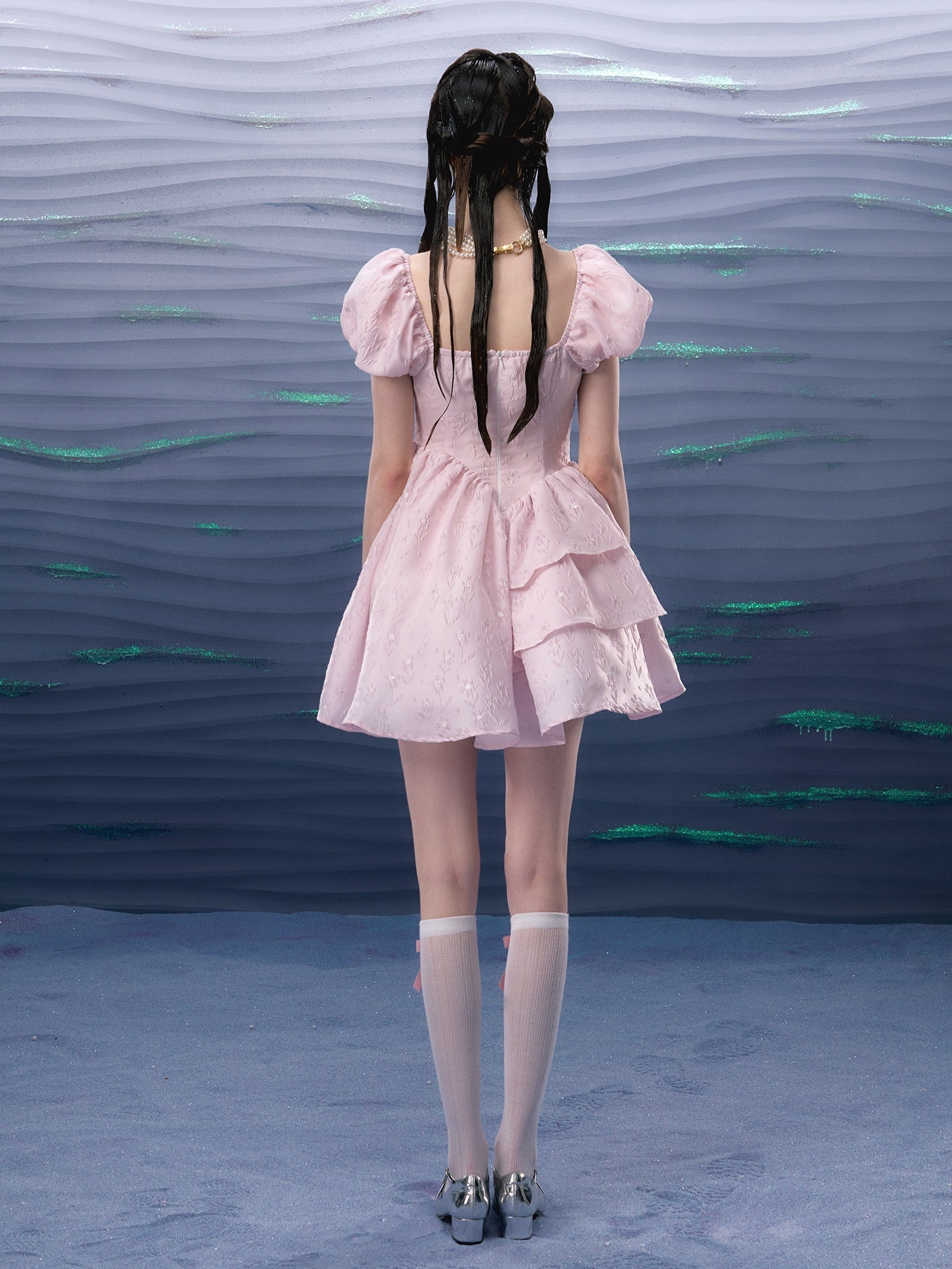 자카드 레이스 버드 슬리브 불규칙한 밑단 공주 드레스