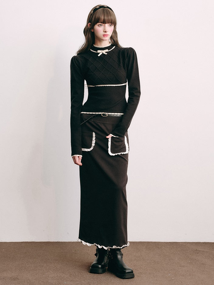 Bottle-neck Puff Sleeve Knitted Top