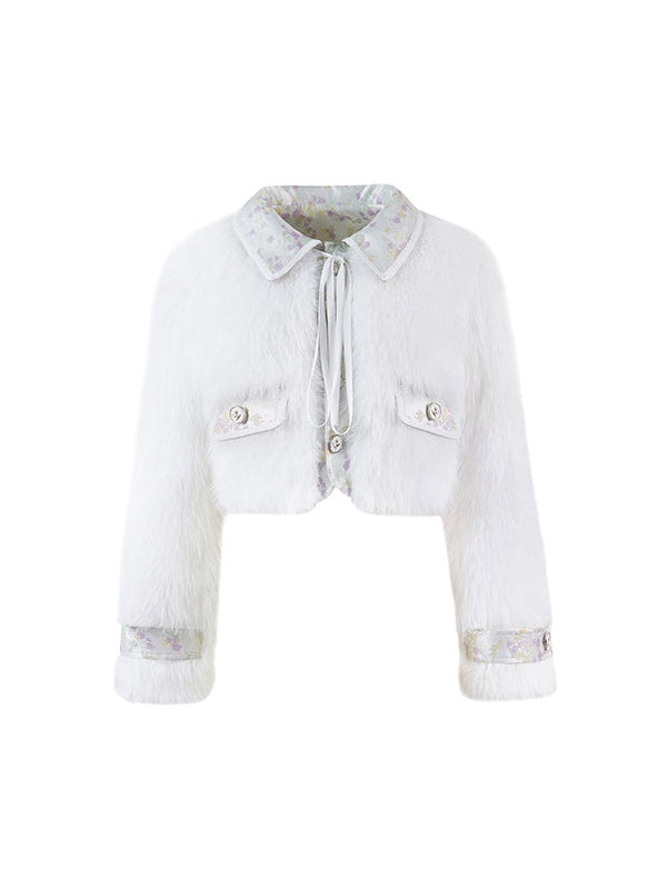 모피 두꺼운 면 다운 재킷 & 꽃무늬 스커트