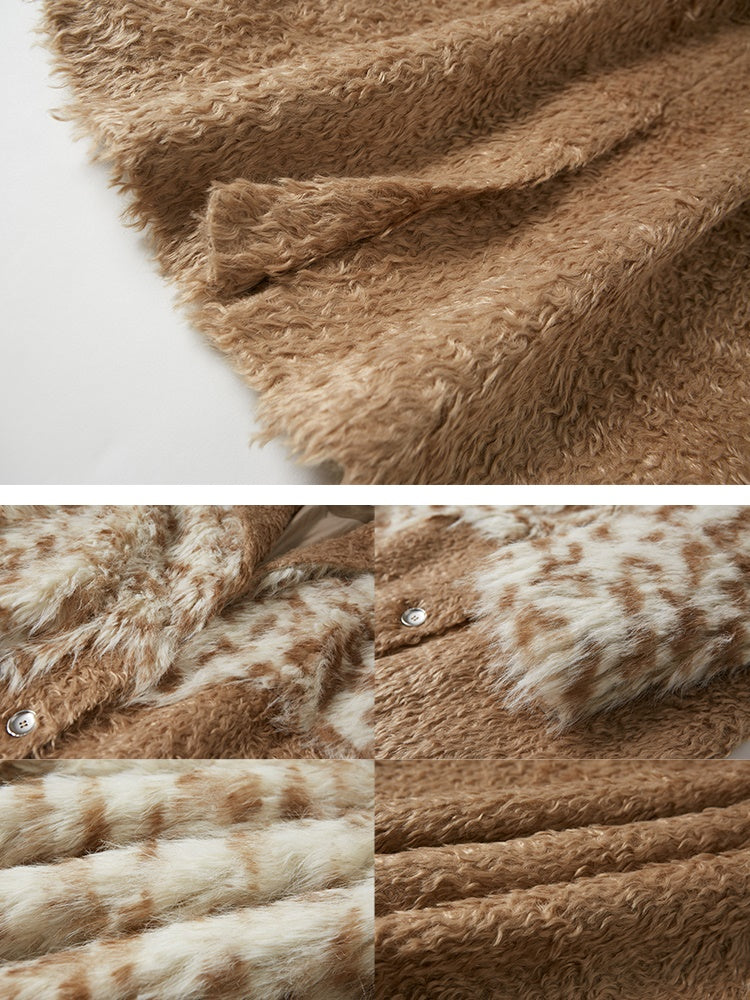 레오파드 프린트 스위칭 중간 길이 퍼 코트