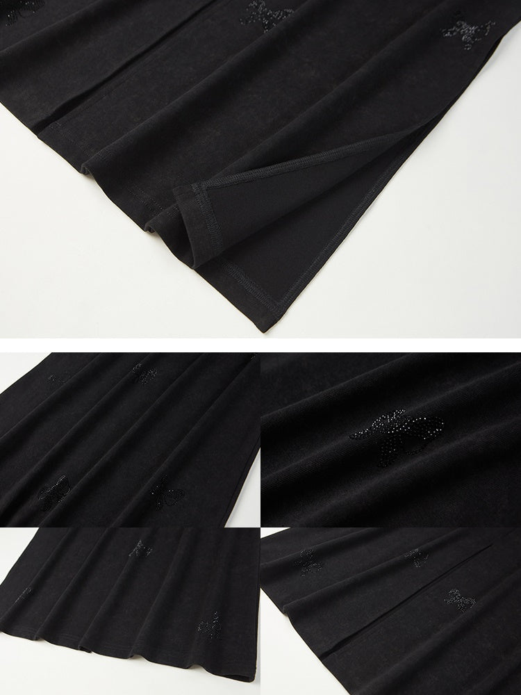 Ribbon Print Round Neck T-Shirt & Fit Slit Long Skirt