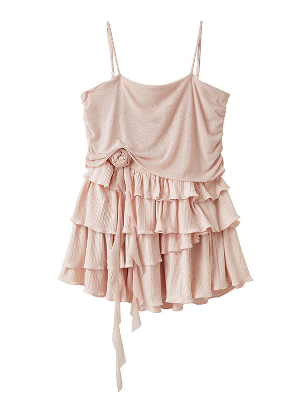 스트랩 오프 숄더 러플 스티치 드레스