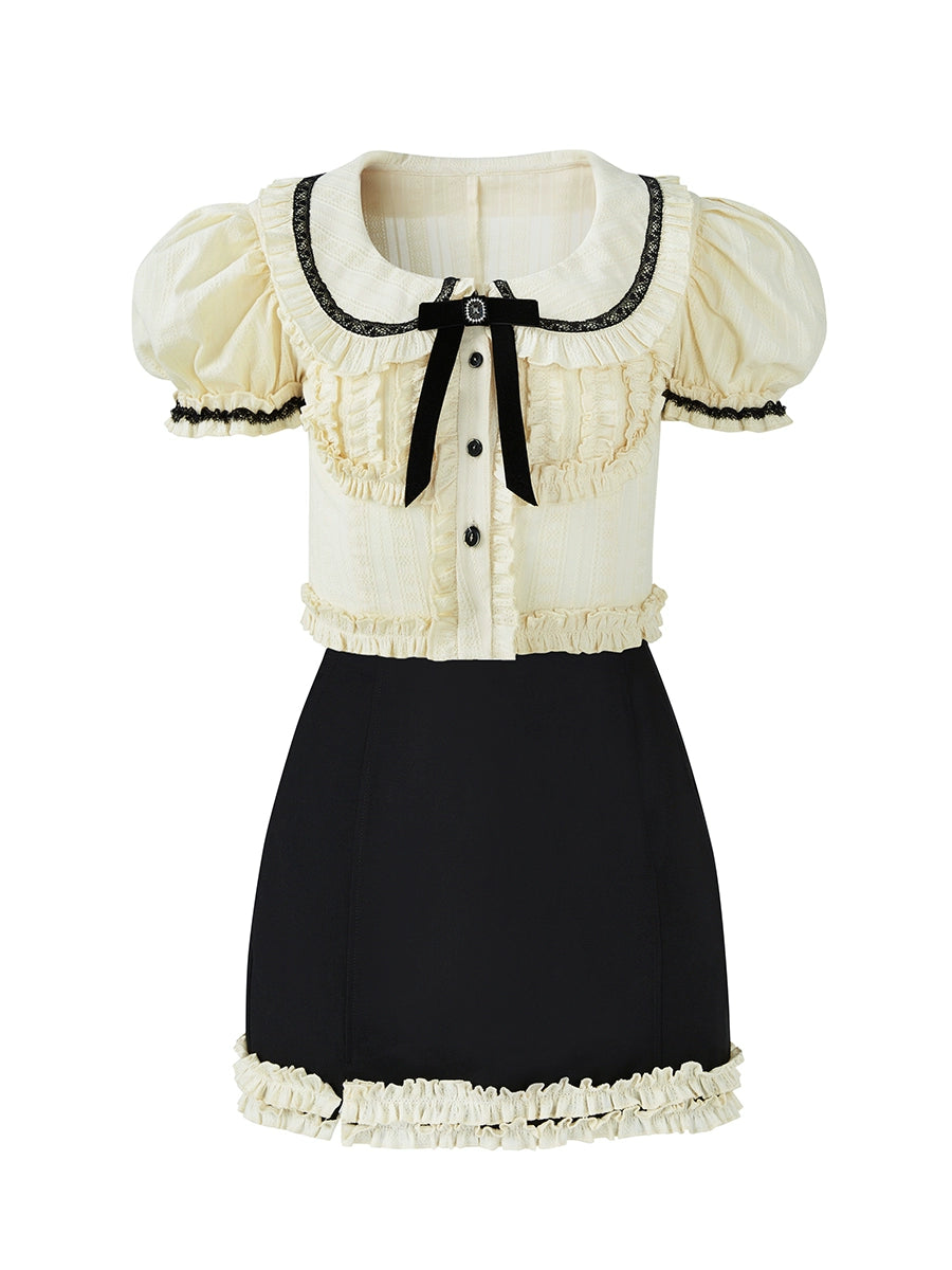 인형 칼라 자카드 셔츠 & 프릴 스티치 스커트