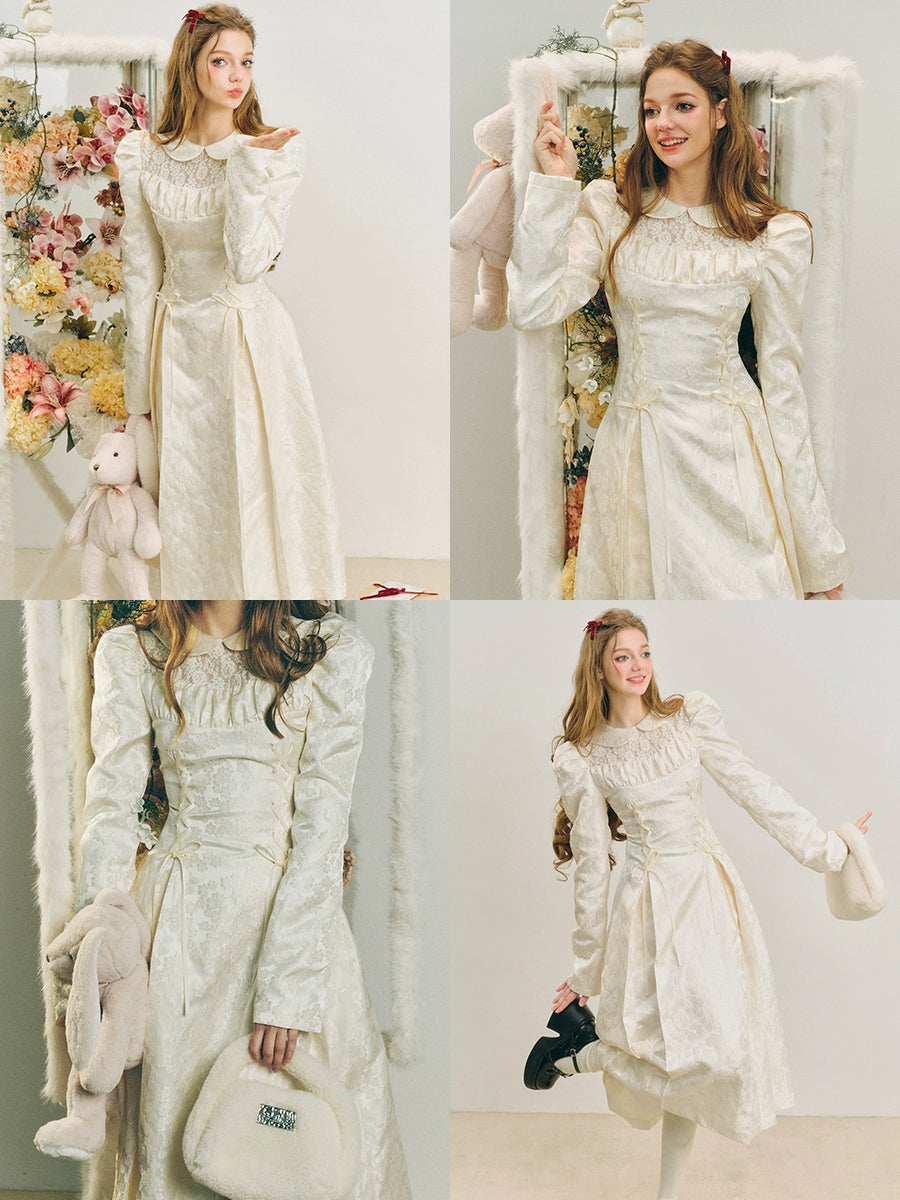 Jacquard Lace-Up Tuck Pleated Dress