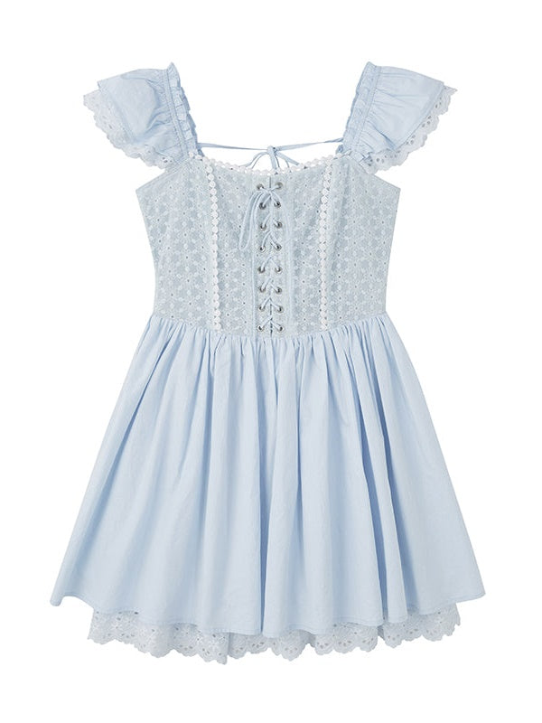 ステッチレースジャカードフライングスリーブドレス