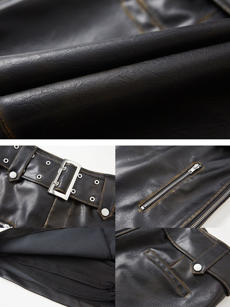 리벳 힙 가죽 스커트 와이드 벨트