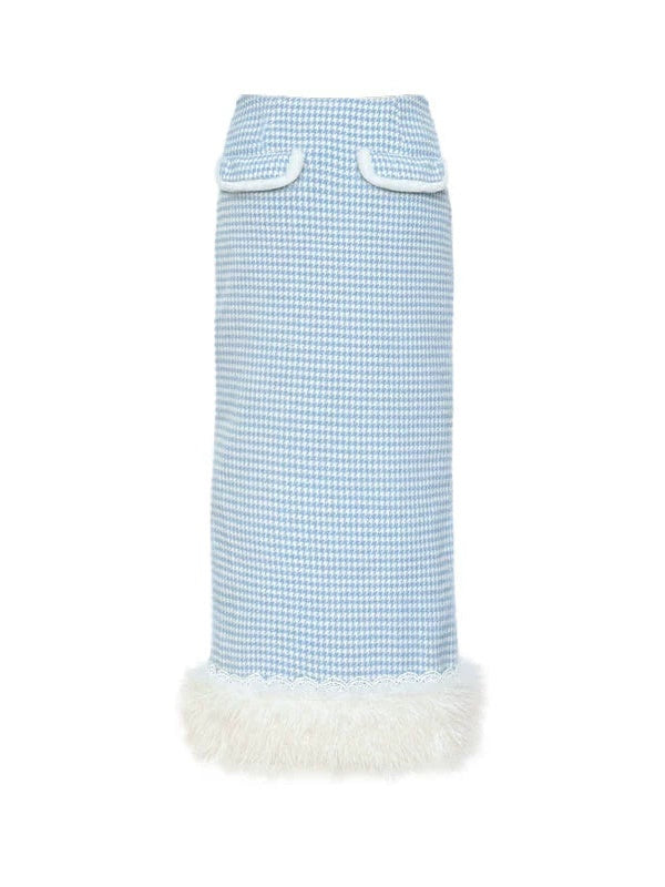 Plaid Lace Fur Collar Waisted Quilted Jacket & Skirt