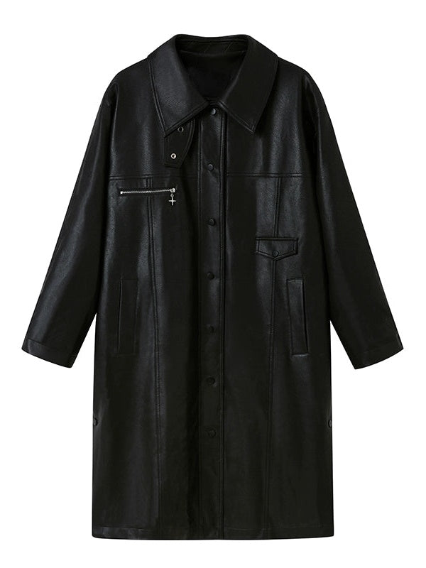 라펠 퀼팅 가죽 코트