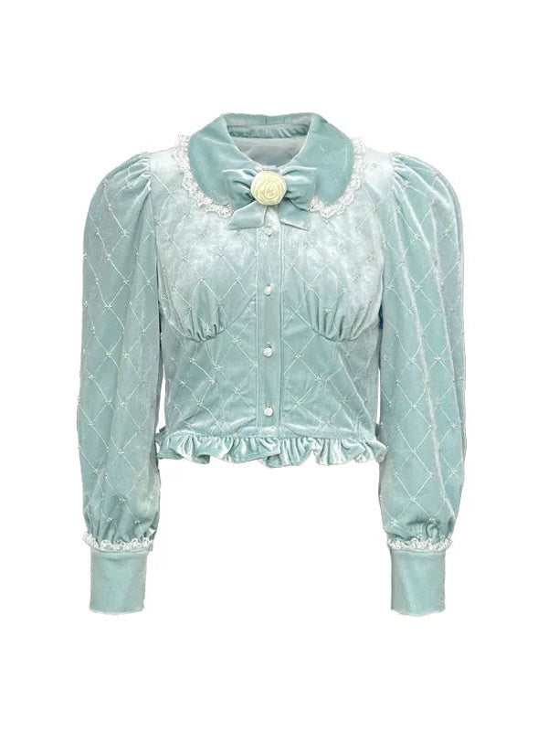 플로럴 & 비즈 레이스 브로치 플라워 퍼프 슬리브 셔츠