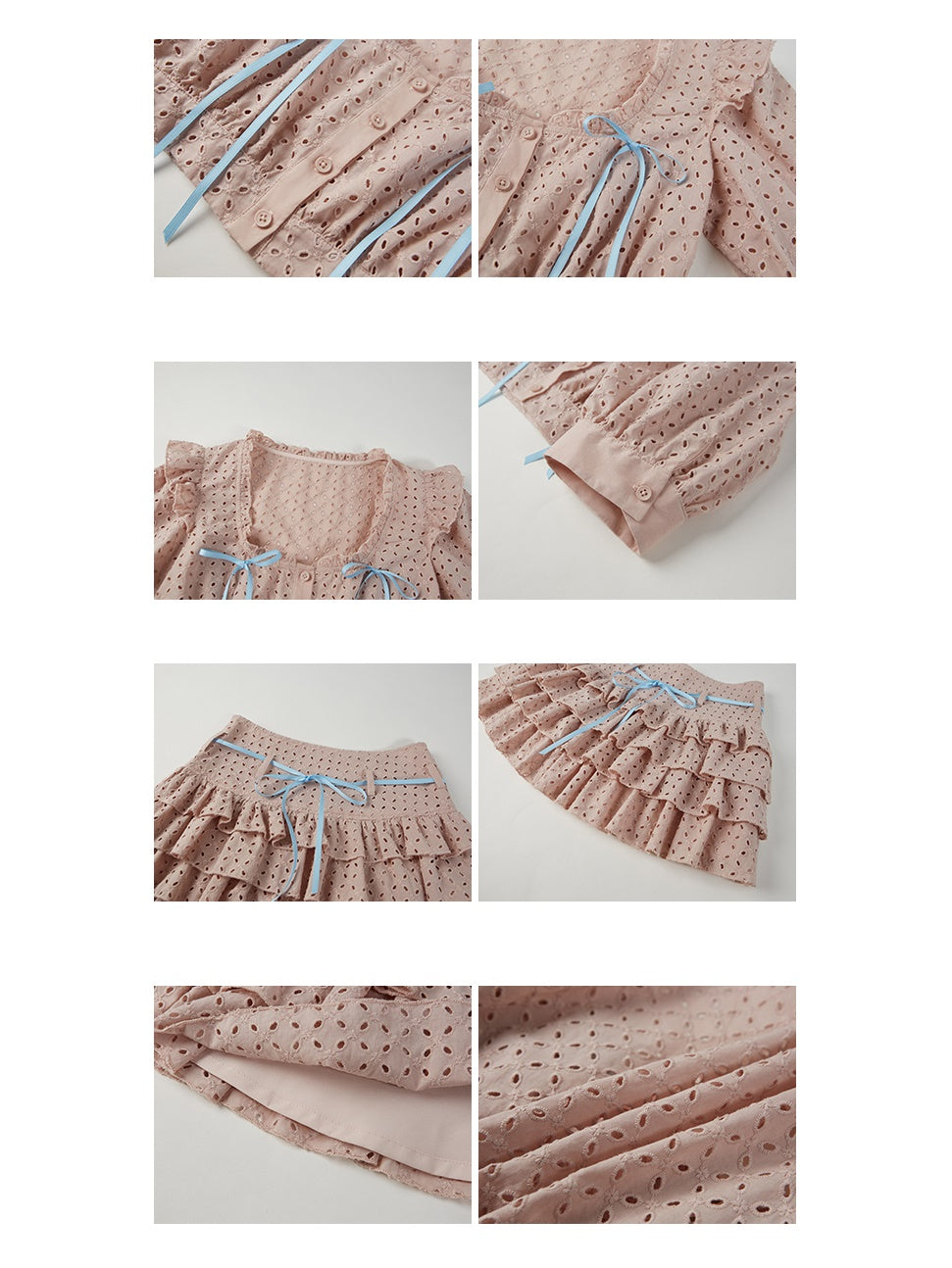 Cutwork Lace Ribbon Cropped Shirt & Cake Skirt