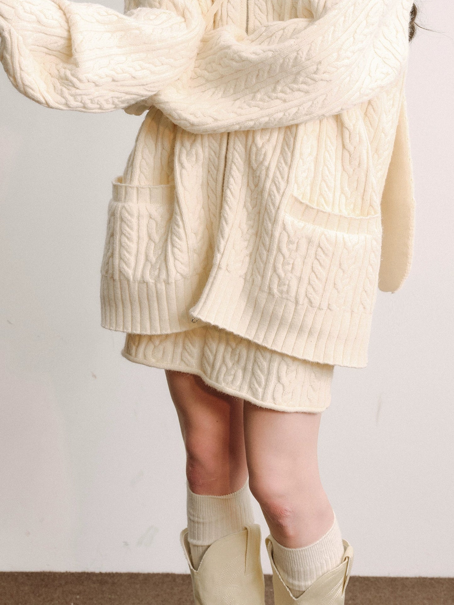 Bunny Ears Hooded Knitted Cardigan & Skirt