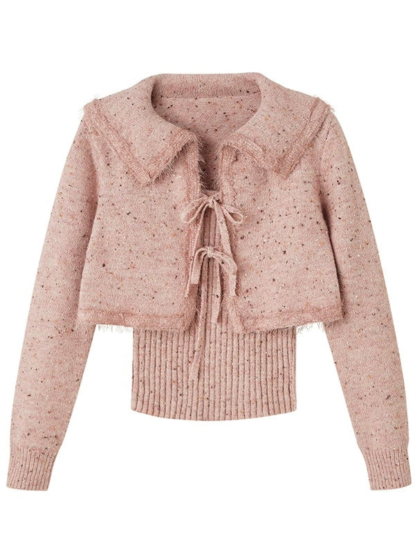 빅 칼라 크롭 니트 가디건 & 캐미솔 셋업