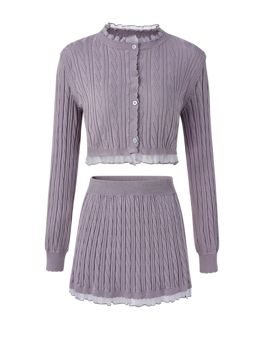 레이스 트림 케이블 니트 가디건 & 스커트