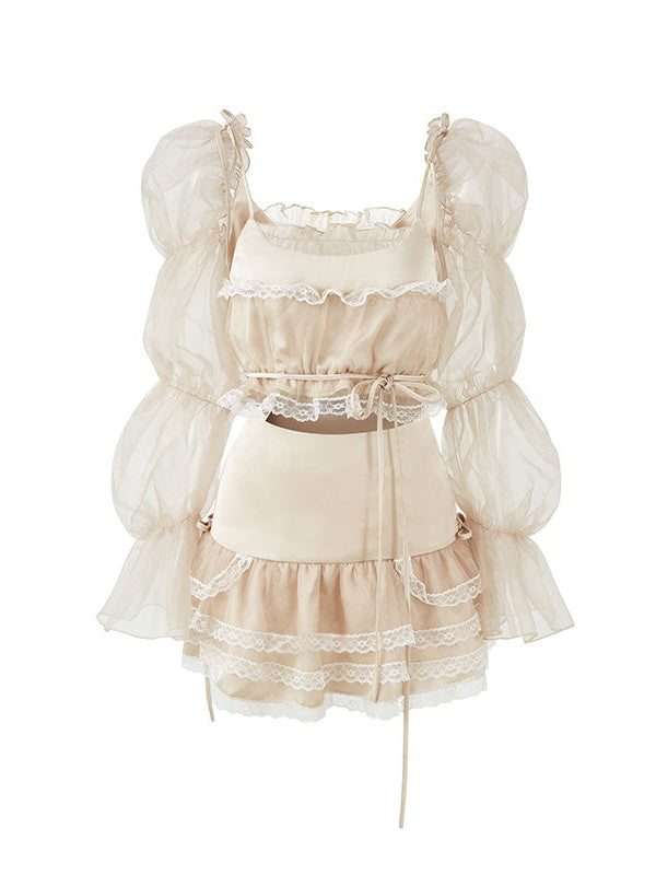 オーガンザ パフスリーブ レース トップス & スカート