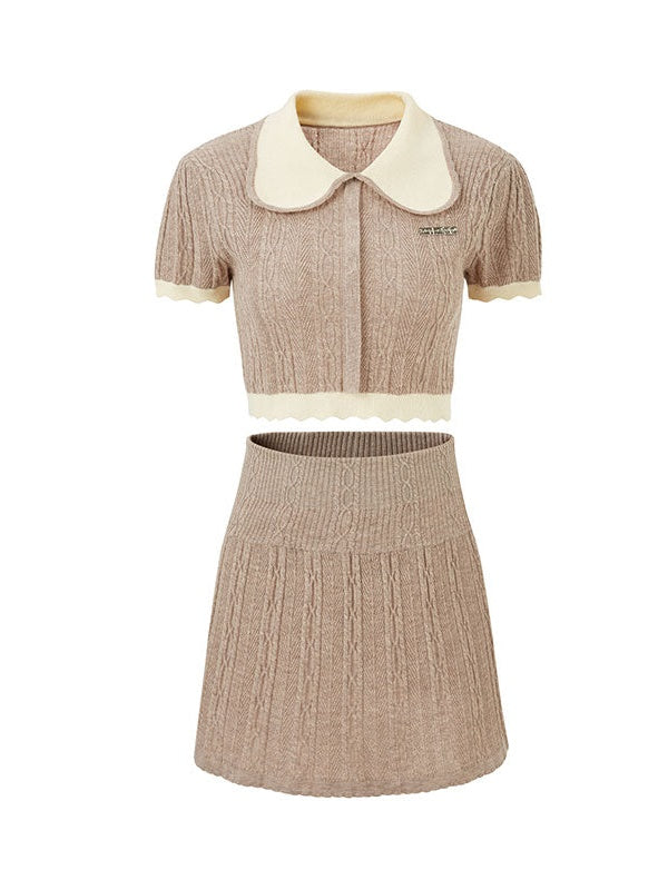 Doll Collar Knitted Top & A-line Half Skirt Set-up