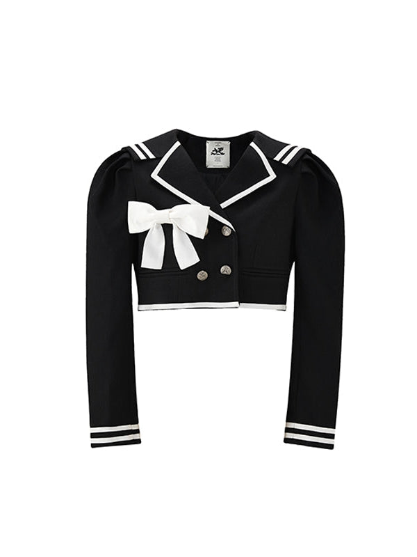 네이비 칼라 퍼프 슬리브 숏 자켓 & 스커트