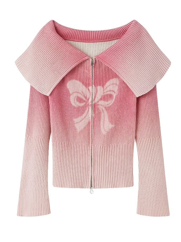 グラデーションリボンプリントジッパーニットカーディガン