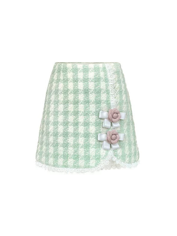 Plaid Bow Flower Brooch Lace Padded Short Jacket & Skirt