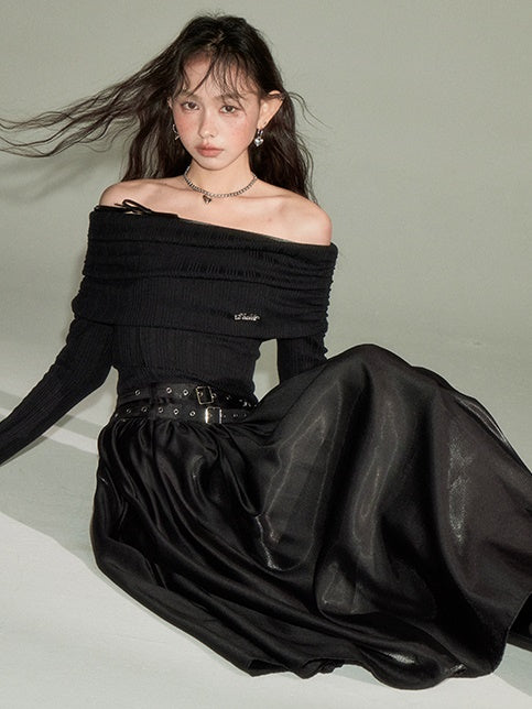 원숄더 개더 롱 원피스