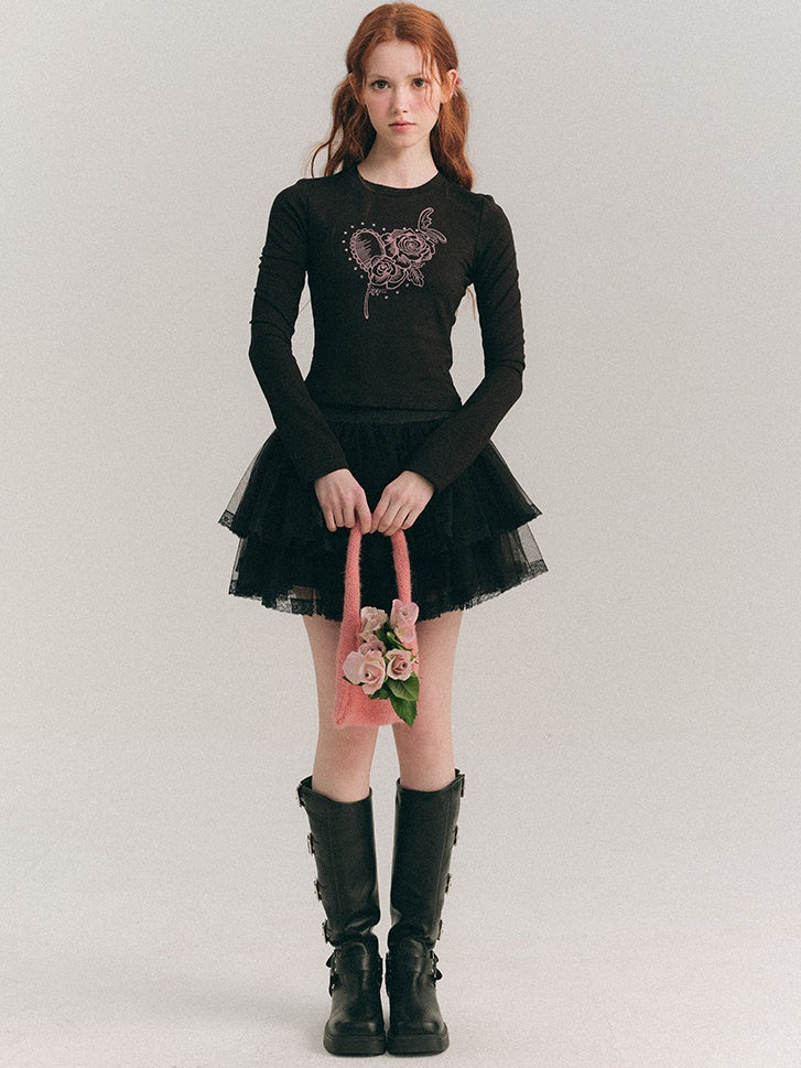 로즈 프린트 라인스톤 쇼트&긴팔 티셔츠