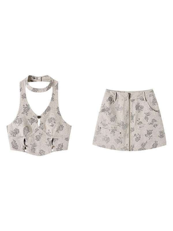 플로럴 홀터넥 베스트 탑 & 숏 스커트 셋업