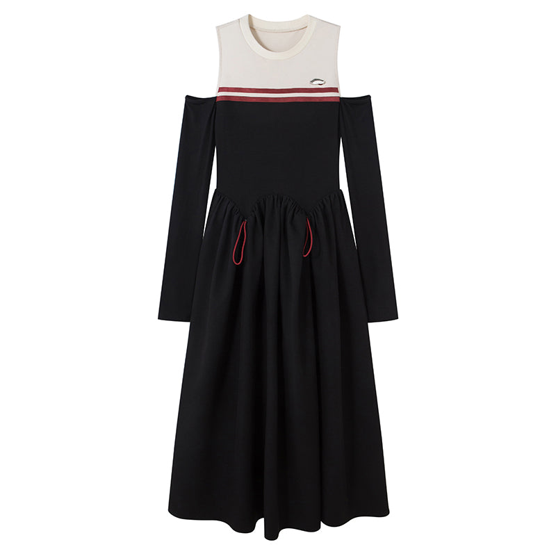 オープンショルダー スポーティ ドローストリング フレア ワンピース