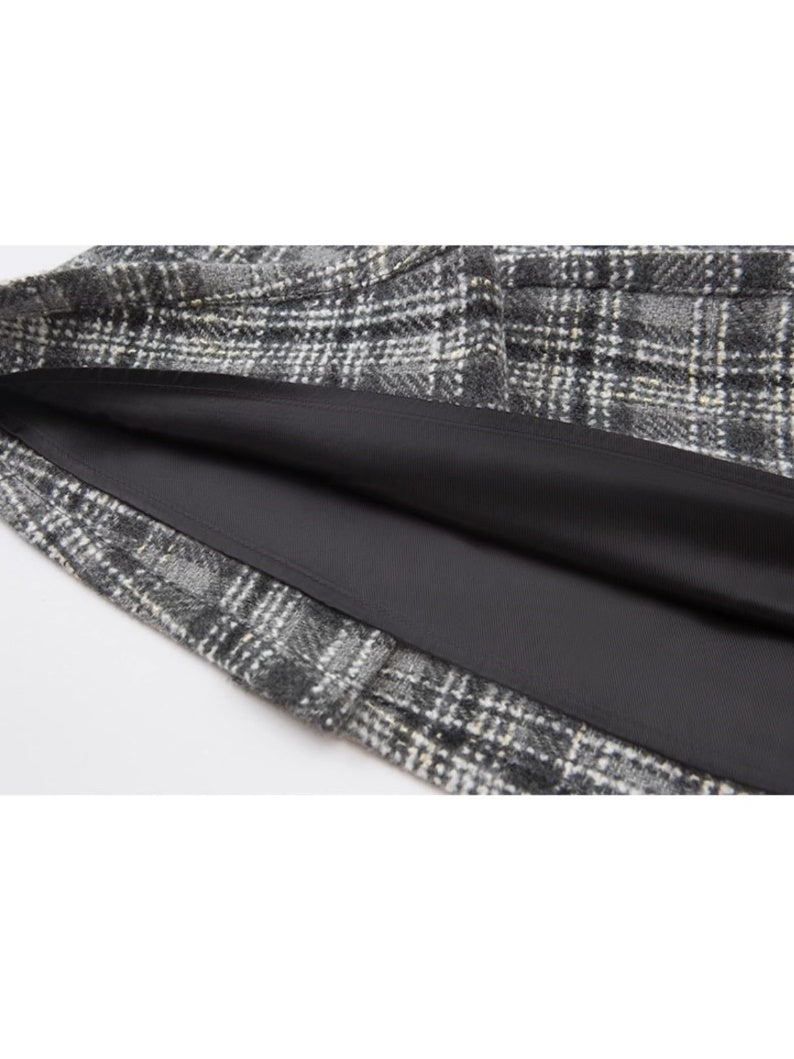 Woven Plaid No-Collar Jacket & Vest & Pleated Skirt