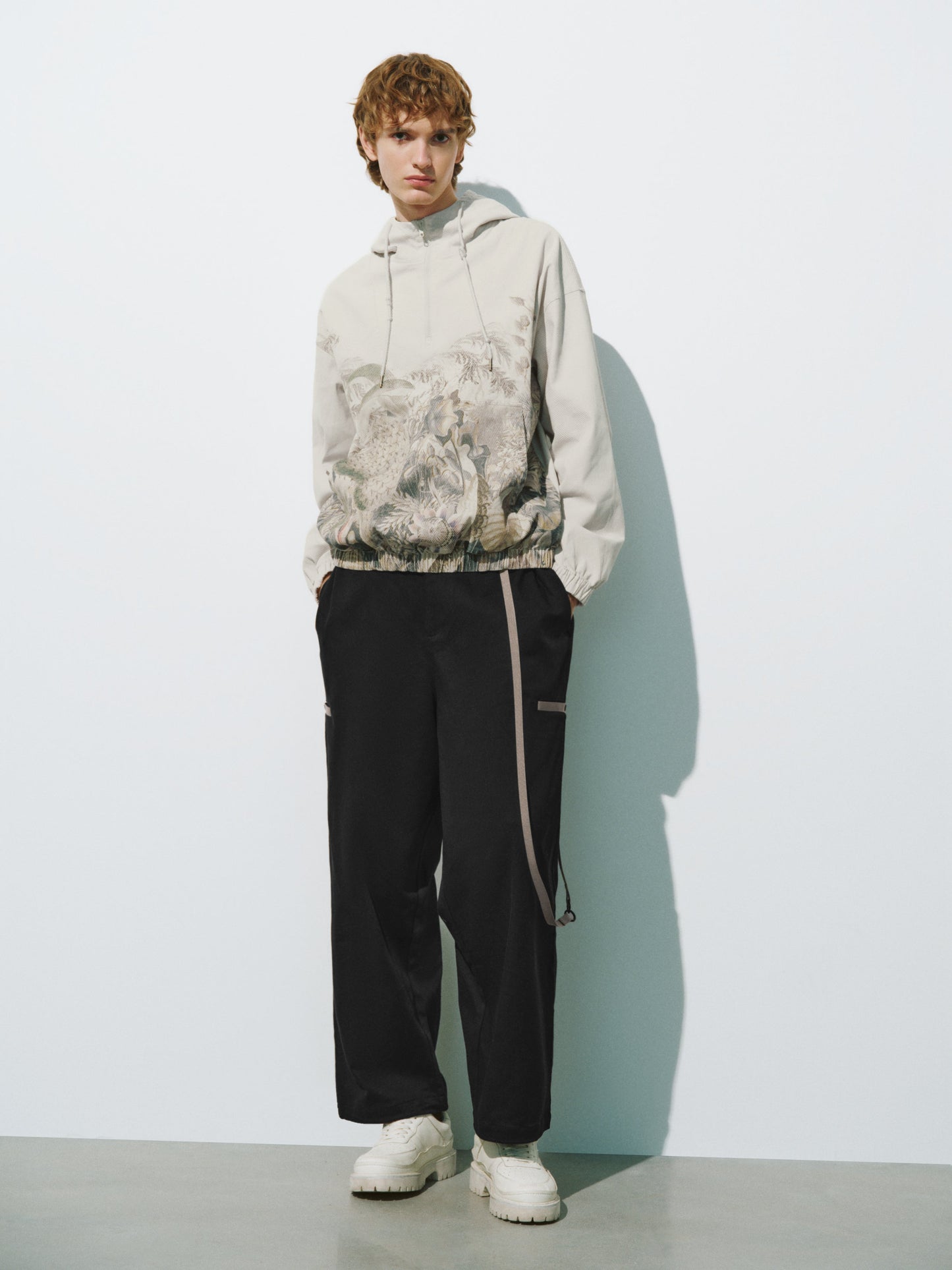 Zip Half Placket Printed Hooed Overhead Shirt