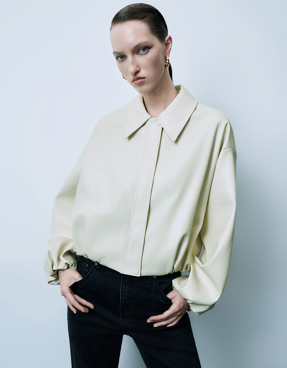 Drop Shoulder Sleeve Vegan Leather Jacket