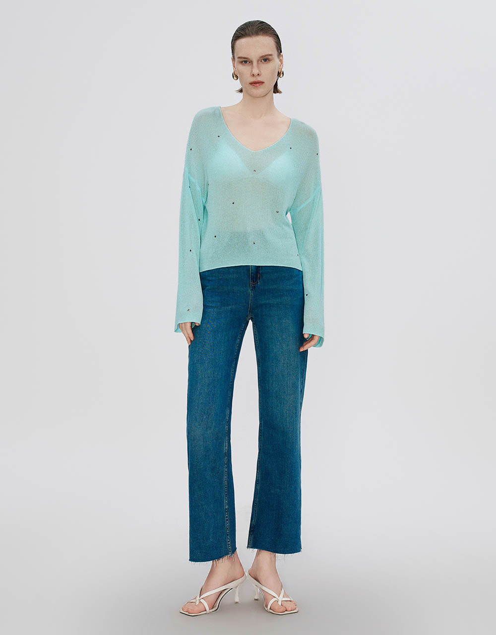 Drop Shoulder Sleeve V-Neck Knitted T-Shirt