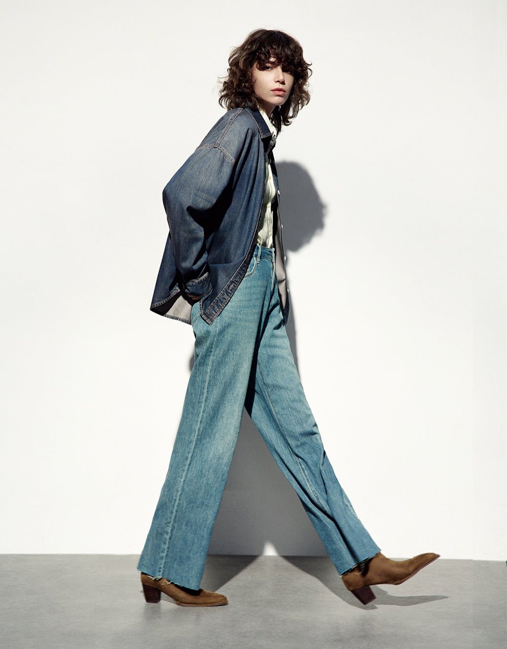 Drop Shoulder Sleeve Lapel Denim Shirt