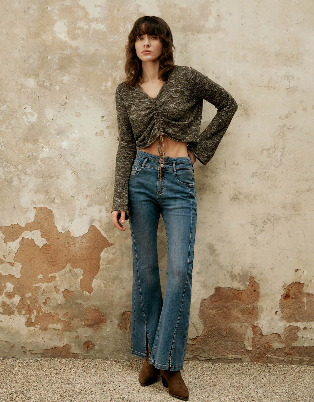 Lace Up V-Neck Knitted T-Shirt