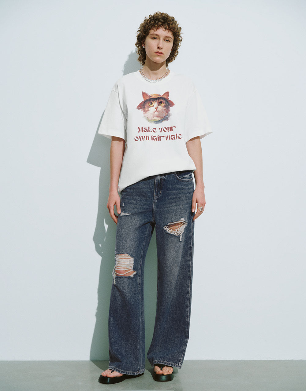 Cat Printed Crew Neck Loose T-Shirt