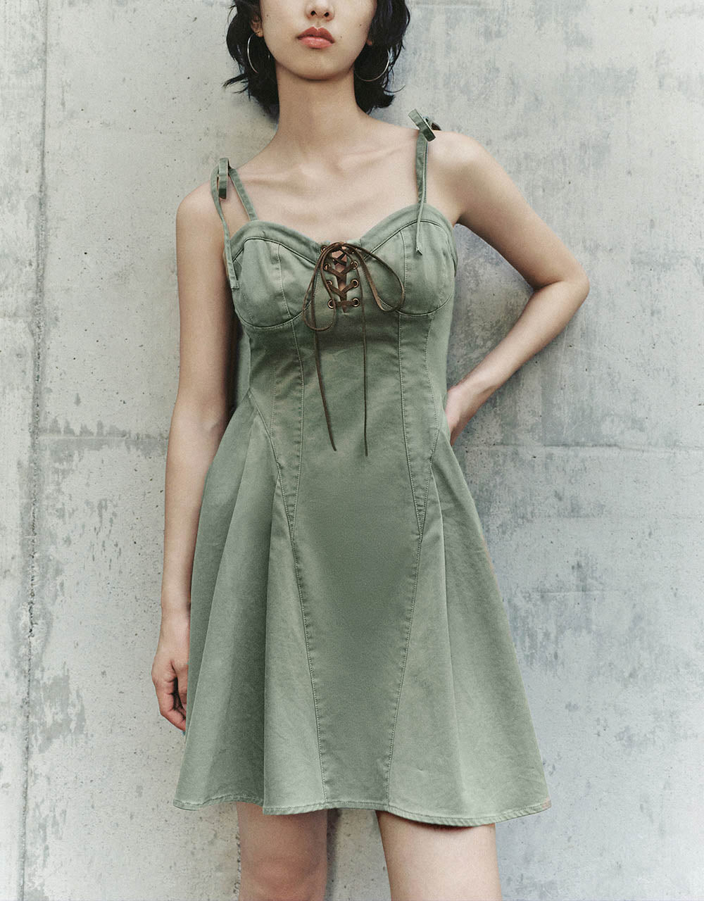 Lace Up Front V-Neck A-Line Cami Dress