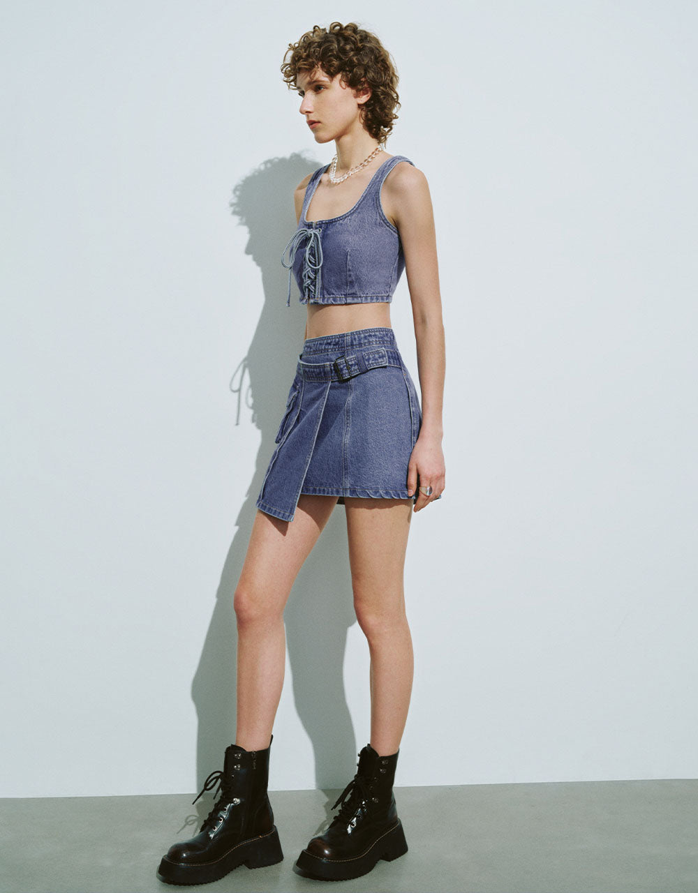 Lace Up Front U Neck Denim Tank Top
