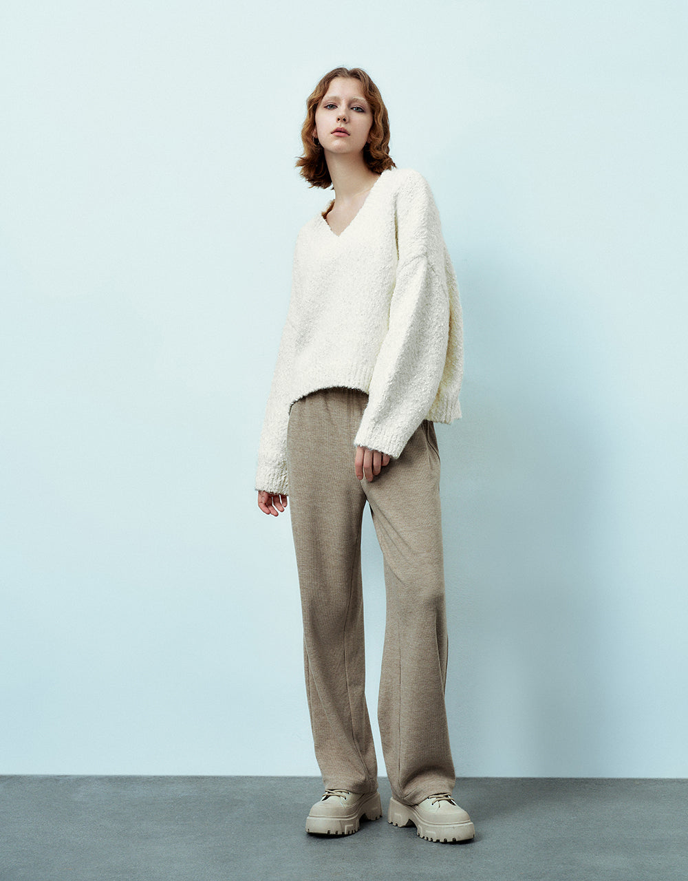 Drop Shoulder Sleeve V-Neck Knitted T-Shirt