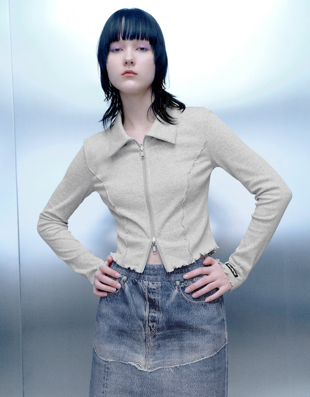 Lettuce Trim Zipper Front Skinny Shirt